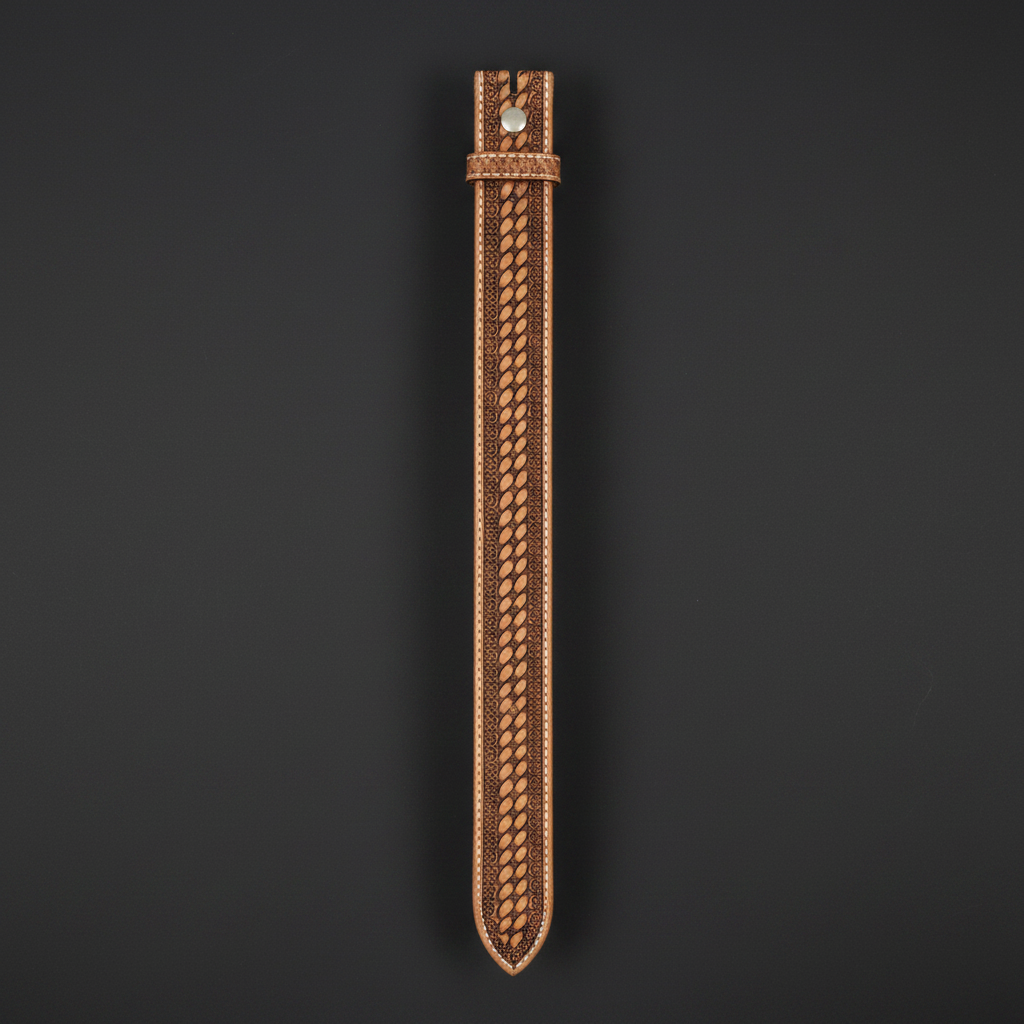 Hand-tooled western cowboy leather belt hanging vertical charcoal background full length