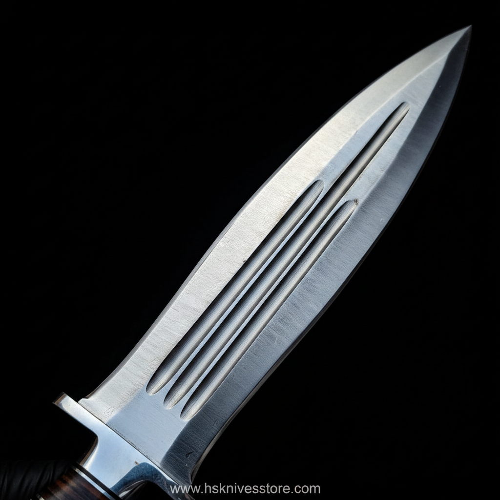 Close up of multi-fuller blood groove Bowie knife blade detail www.hsknivesstore.com