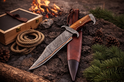 Copper Damascus Bowie knife flat lay on rustic dark wood with brown leather sheath pine cone and rope accessories