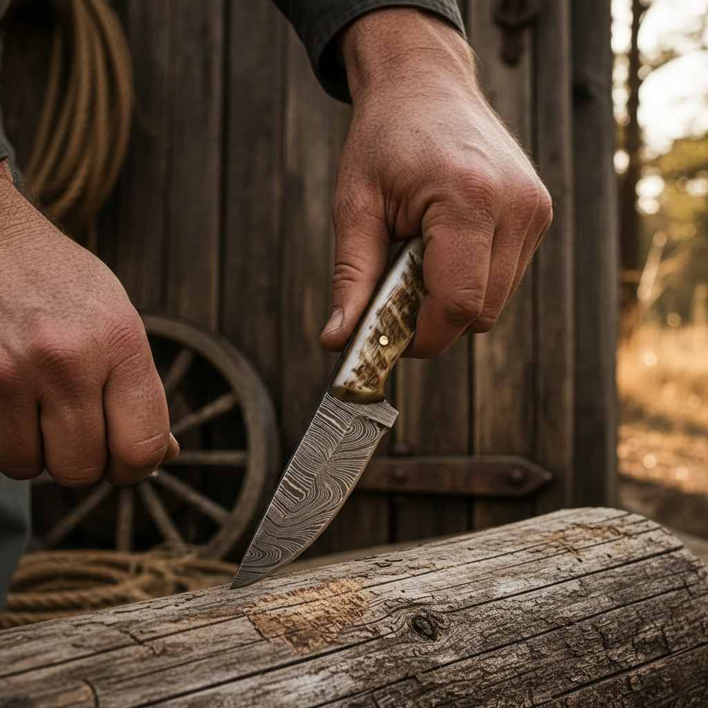 Hands gripping handmade Damascus skinner knife ram horn handle outdoor skinning action shot