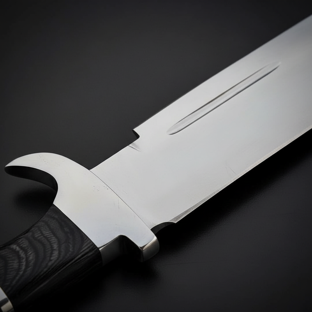 Close-up macro of D2 steel large Bowie blade showing polished mirror finish false edge and clip point detail