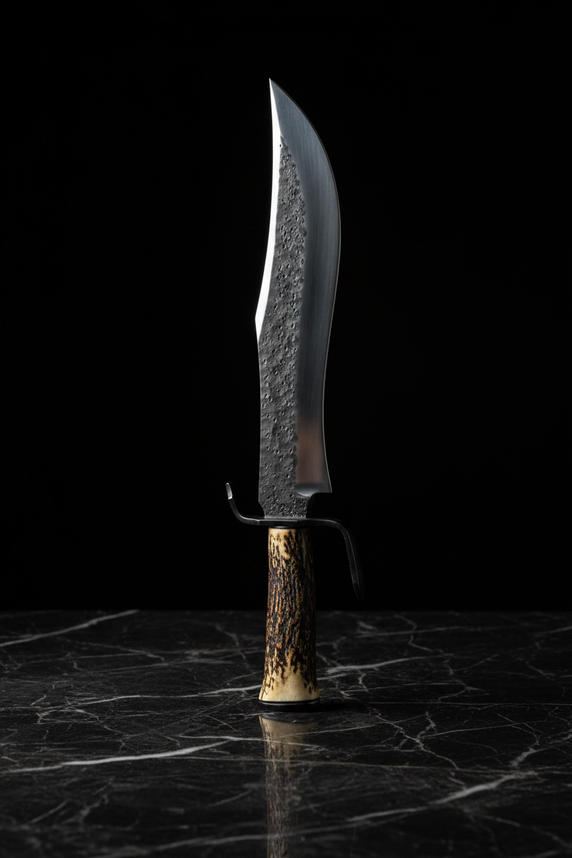 Handmade D2 steel Bowie knife with antler handle vertical display on dark marble blade pointing up luxury collector photography