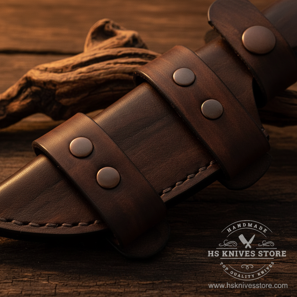 Close-up macro of dark brown leather sheath with three horizontal belt loop slots and copper brass snap rivets for Damascus skinner knife