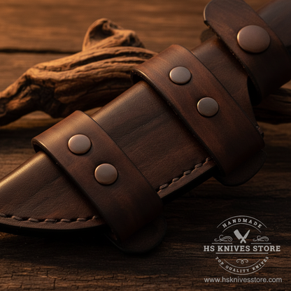 Close-up macro of dark brown leather sheath with three horizontal belt loop slots and copper brass snap rivets for Damascus skinner knife