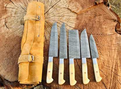HS-152 Custom handmade Damascus 5 pecs chef set’ kitchen knives ‘ git for him ‘ gift for Dad ‘camel bone handle