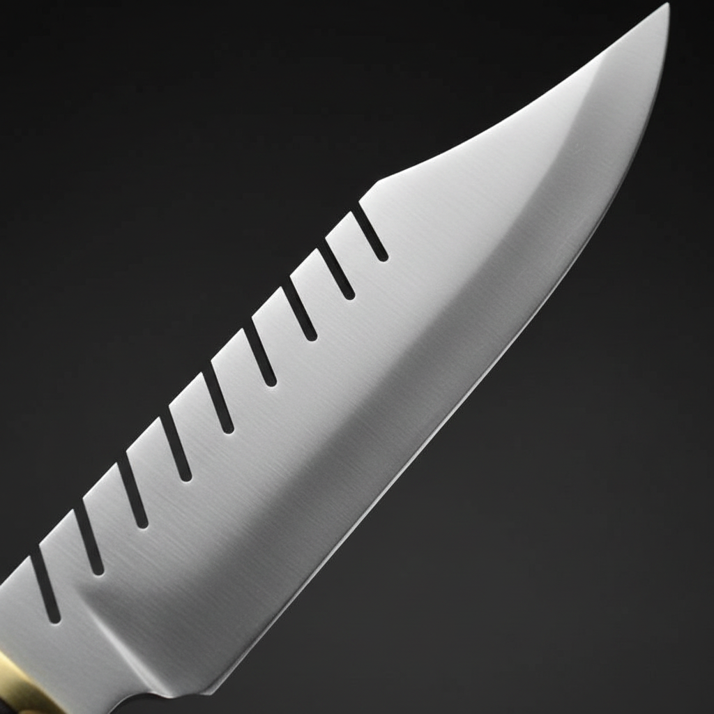 D2 tool steel Bowie knife blade macro close-up satin finish clip point spine serrations detail
