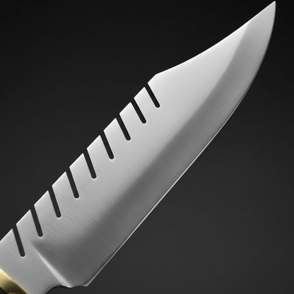 D2 tool steel Bowie knife blade macro close-up satin finish clip point spine serrations detail