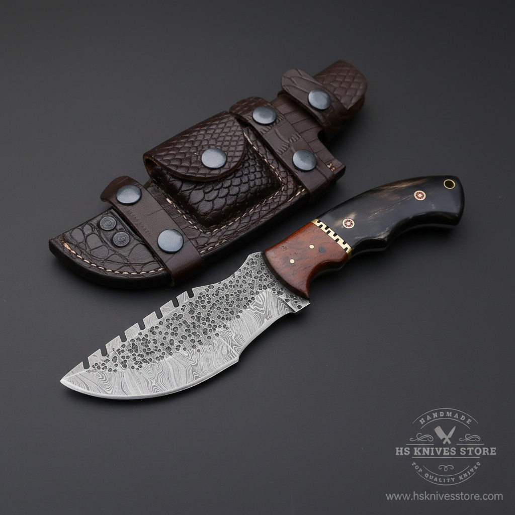 Damascus steel tracker knife buffalo horn rosewood handle crocodile leather sheath dark charcoal studio background mirror