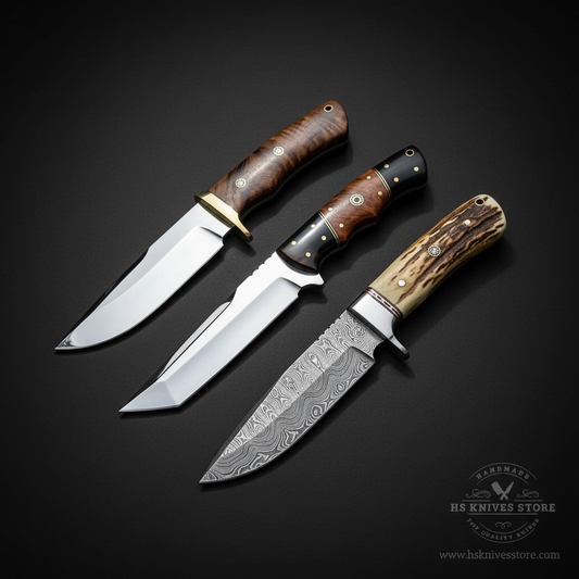 3-piece hunting knife gift set Damascus stainless steel burl walnut stag antler handles dark charcoal studio mirror layout
