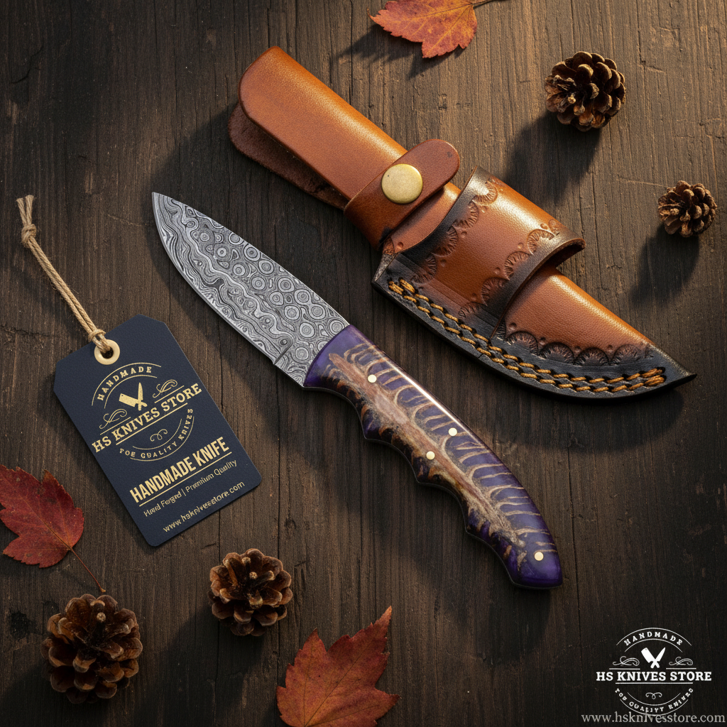 Damascus knife flat lay with purple pine cone stag handle and HS Knives Store hang tag on rustic wood with autumn leaves