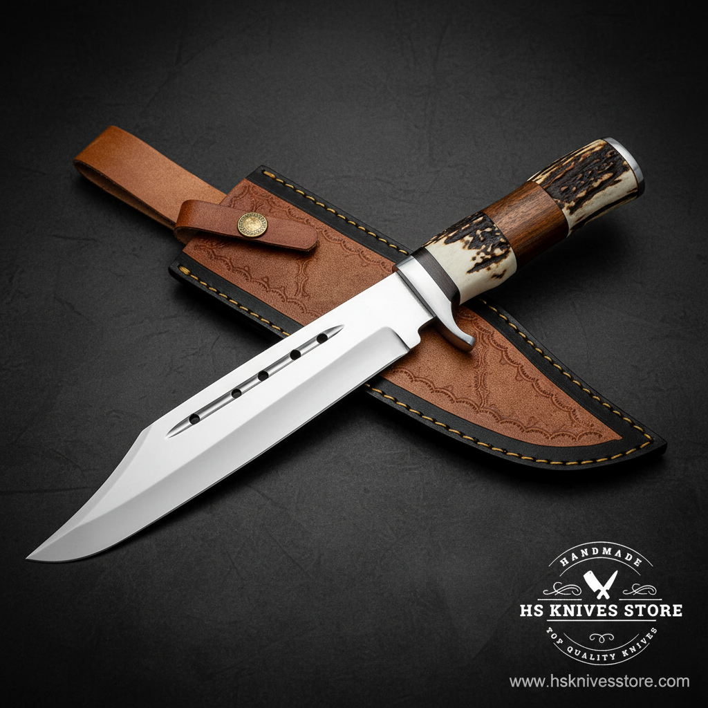 D2 steel Bowie knife with stag horn wood handle and two-tone leather sheath on dark charcoal background studio shot