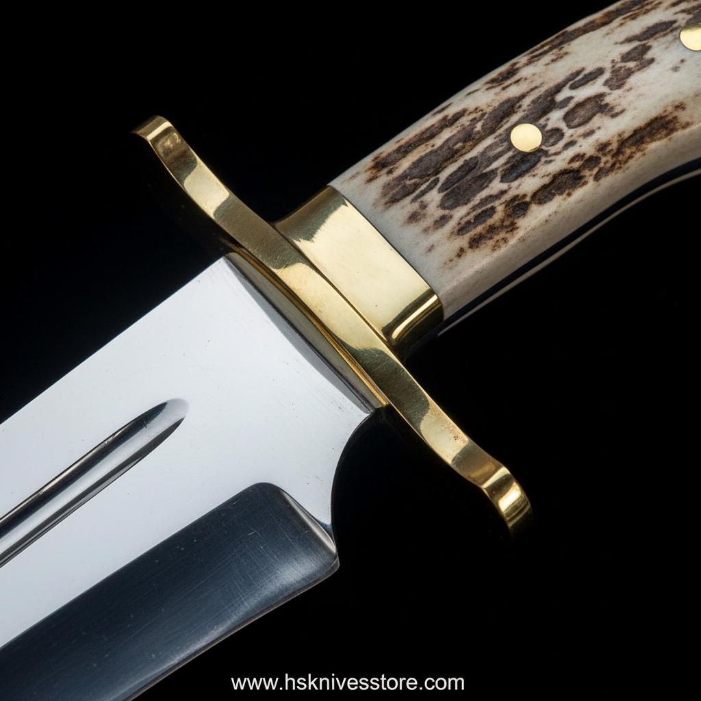 Close up macro shot of polished brass guard and stag horn handle Bowie knife detail www.hsknivesstore.com