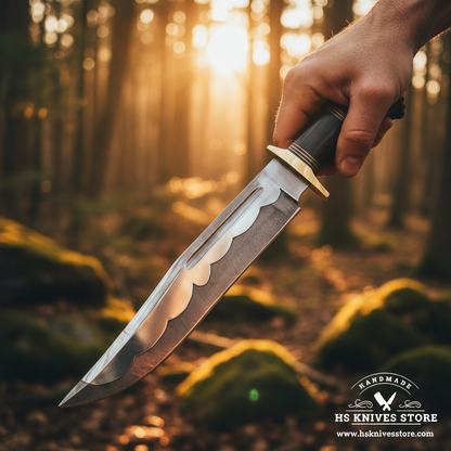 Hand gripping elk antler handle hand forged Bowie knife with scalloped spine blade in outdoor forest action shot