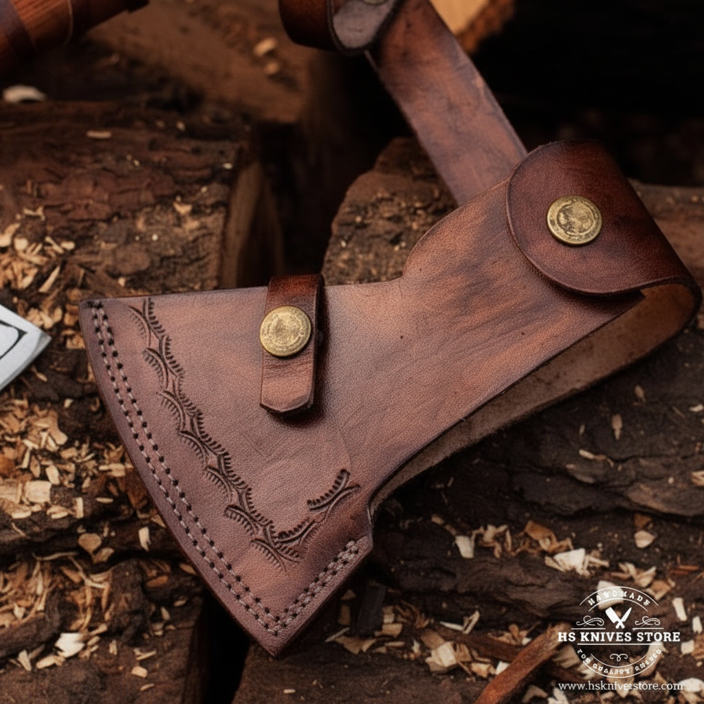Close-up macro of dark brown leather axe head sheath with vine thorn embossed tooling and brass snap rivets for Viking axe