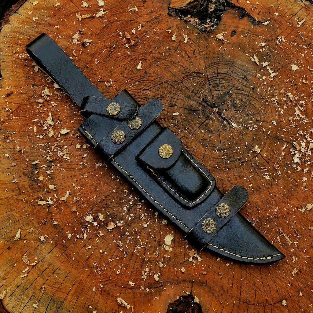 Black leather sheath close-up with contrasting stitching and decorative snaps