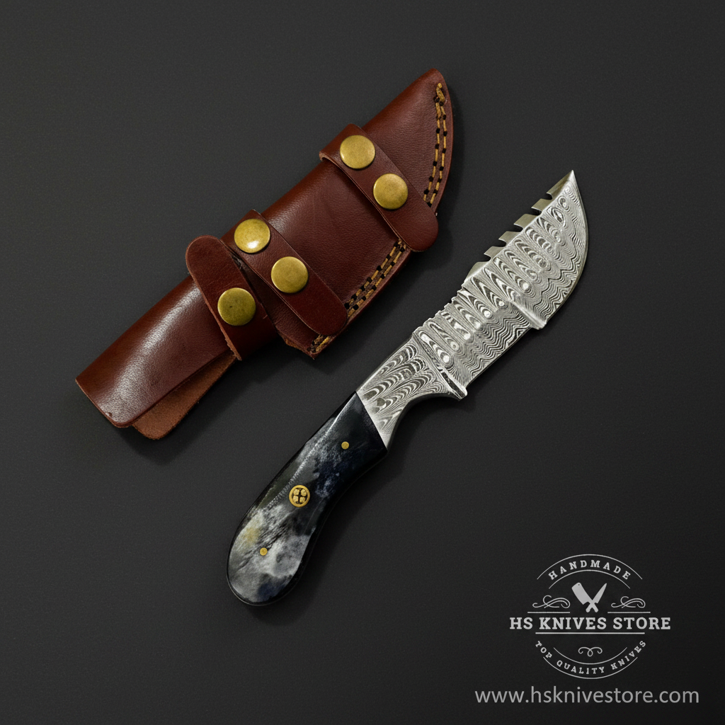 Damascus steel gut hook knife with bone handle and dark brown leather sheath on dark charcoal background studio shot