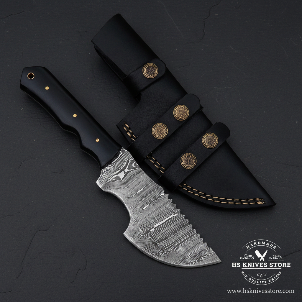 Vertical luxury presentation of a black Micarta Damascus tracker hunting knife on dark slate