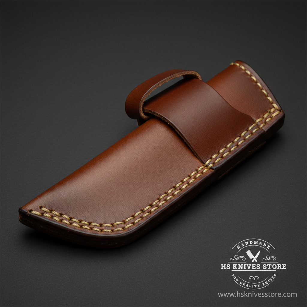 Macro close-up of medium brown leather horizontal carry sheath showing belt loop tab at top and gold stitching along edges