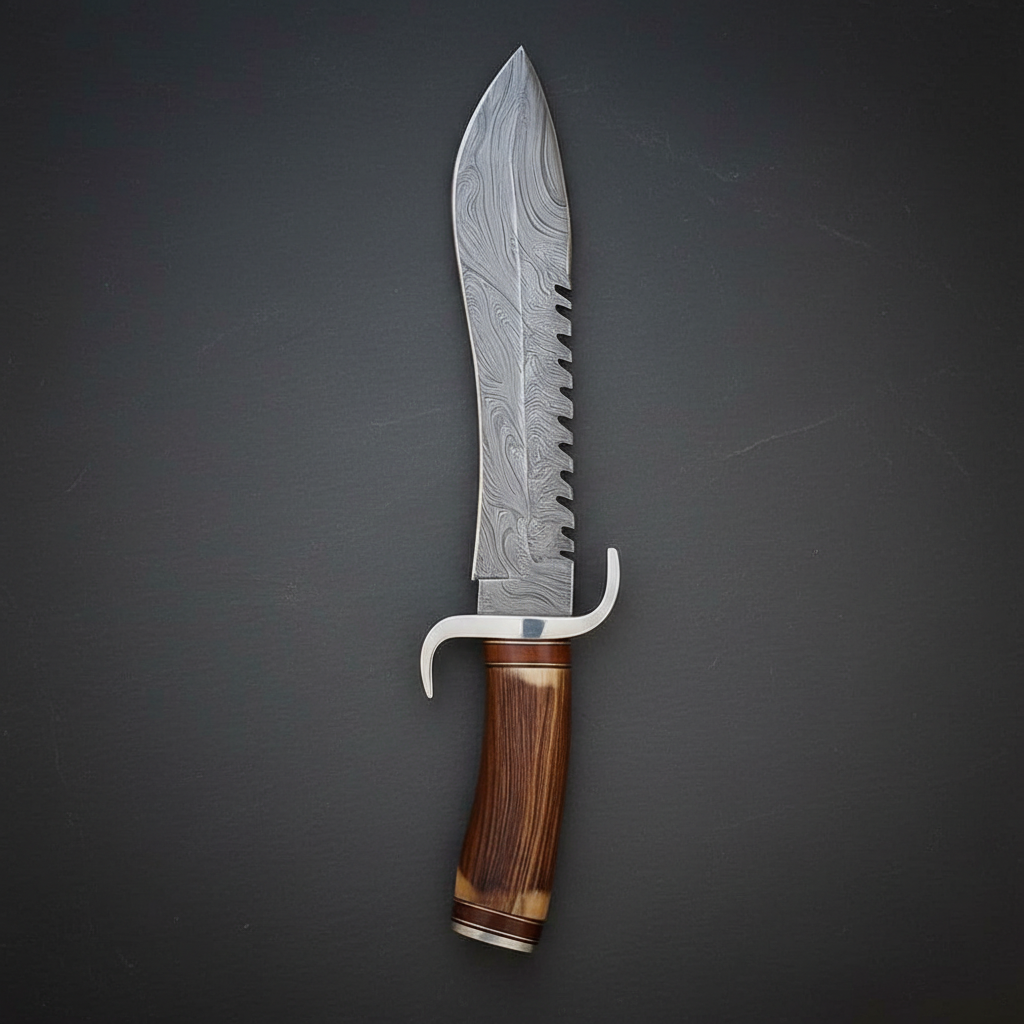 Damascus Bowie knife antler wood handle vertical charcoal background luxury shot