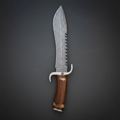 Damascus Bowie knife antler wood handle vertical charcoal background luxury shot