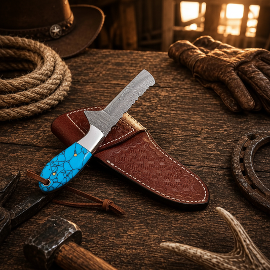 Back and reverse view of a full-tang turquoise Bull Cutter Knife beside its genuine handcrafted leather pancake sheath