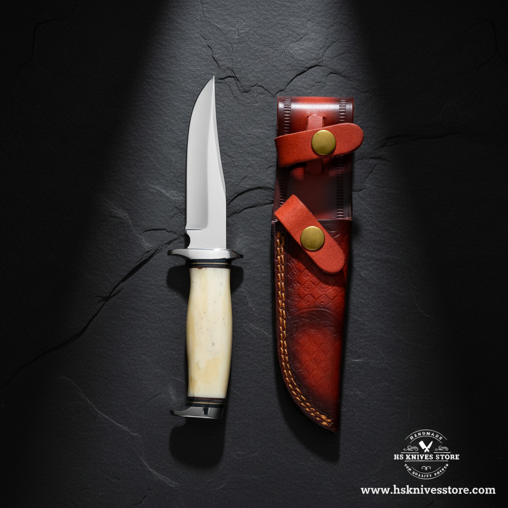 J2 steel hunting knife displayed vertically on dark slate with bone handle double bolster and dark burgundy leather sheath luxury shot