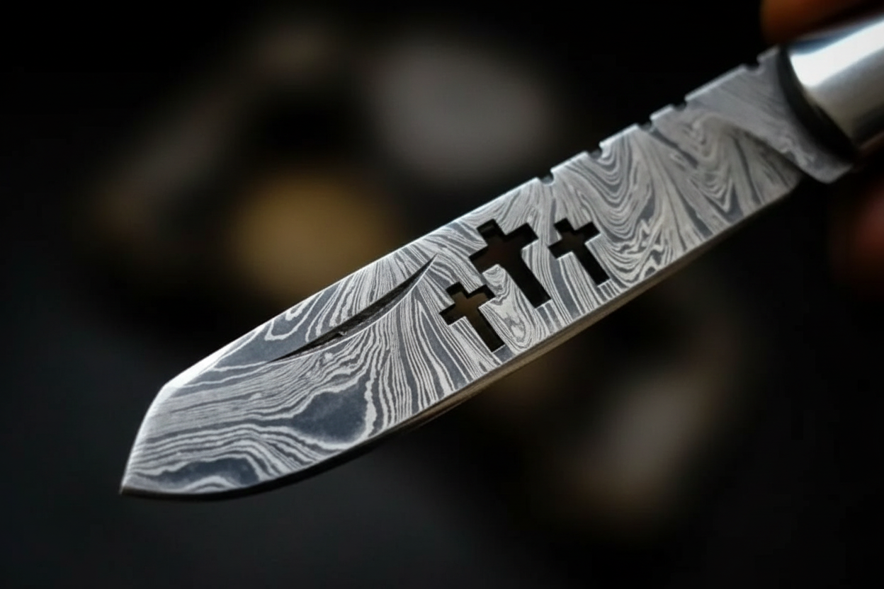 Close up macro shot of Damascus steel folding knife blade showing layered pattern with cross symbol etching sharp edge detail