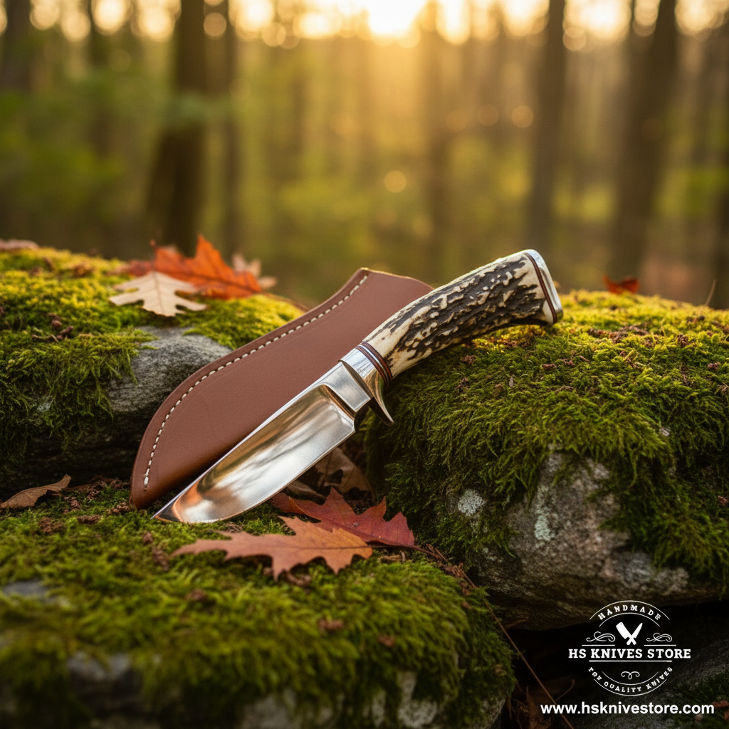 D2 steel skinner hunting knife with stag handle and tan leather sheath resting on mossy rocks in forest setting