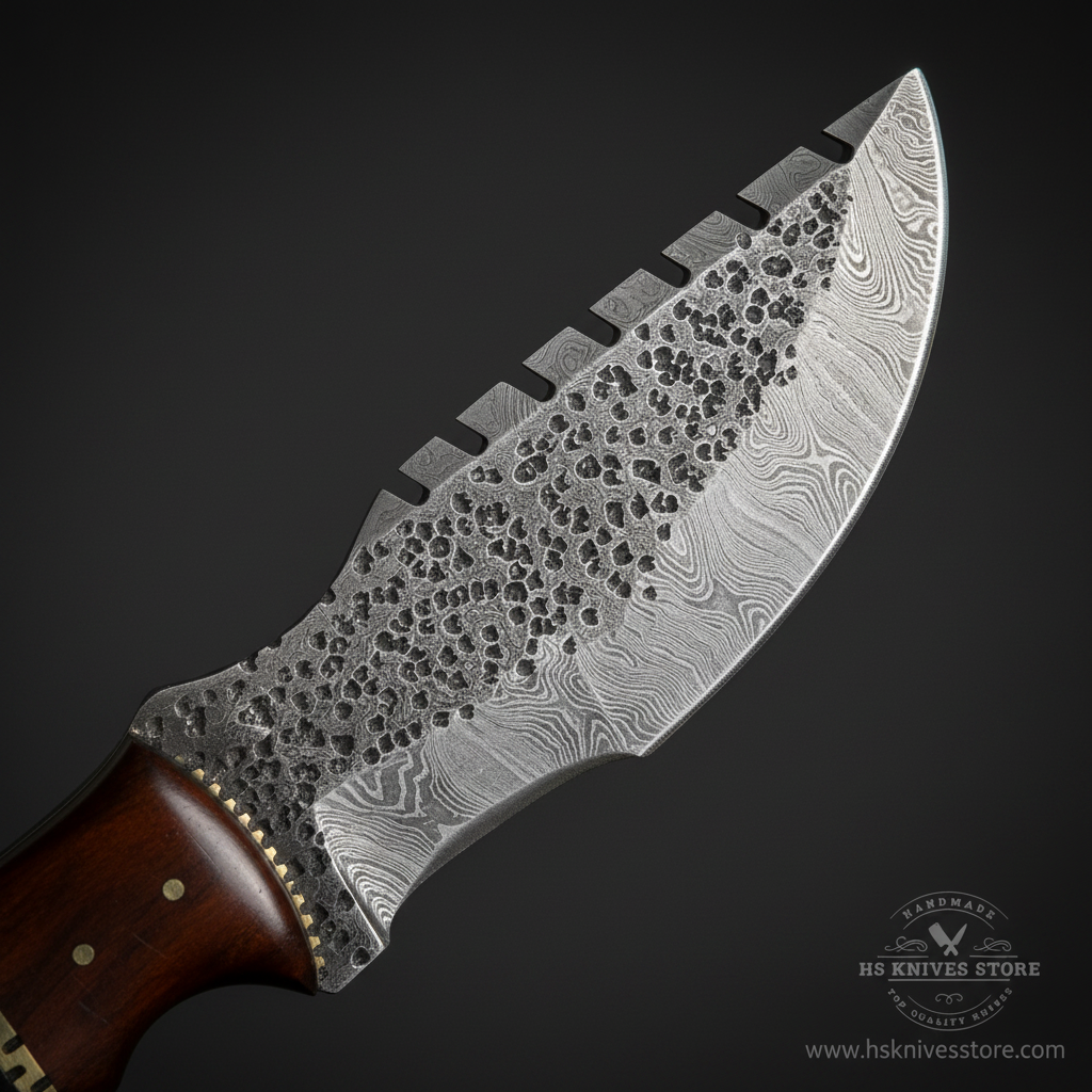 Close-up macro of hand forged Damascus steel tracker blade showing swirling pattern and hammered spine texture detail