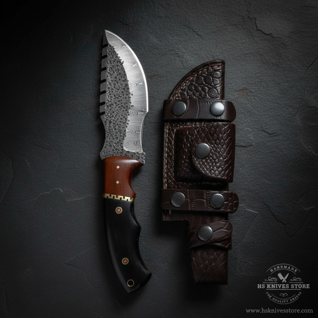 Vertical luxury shot of Damascus steel tracker knife buffalo horn handle on dark slate background blade pointing up