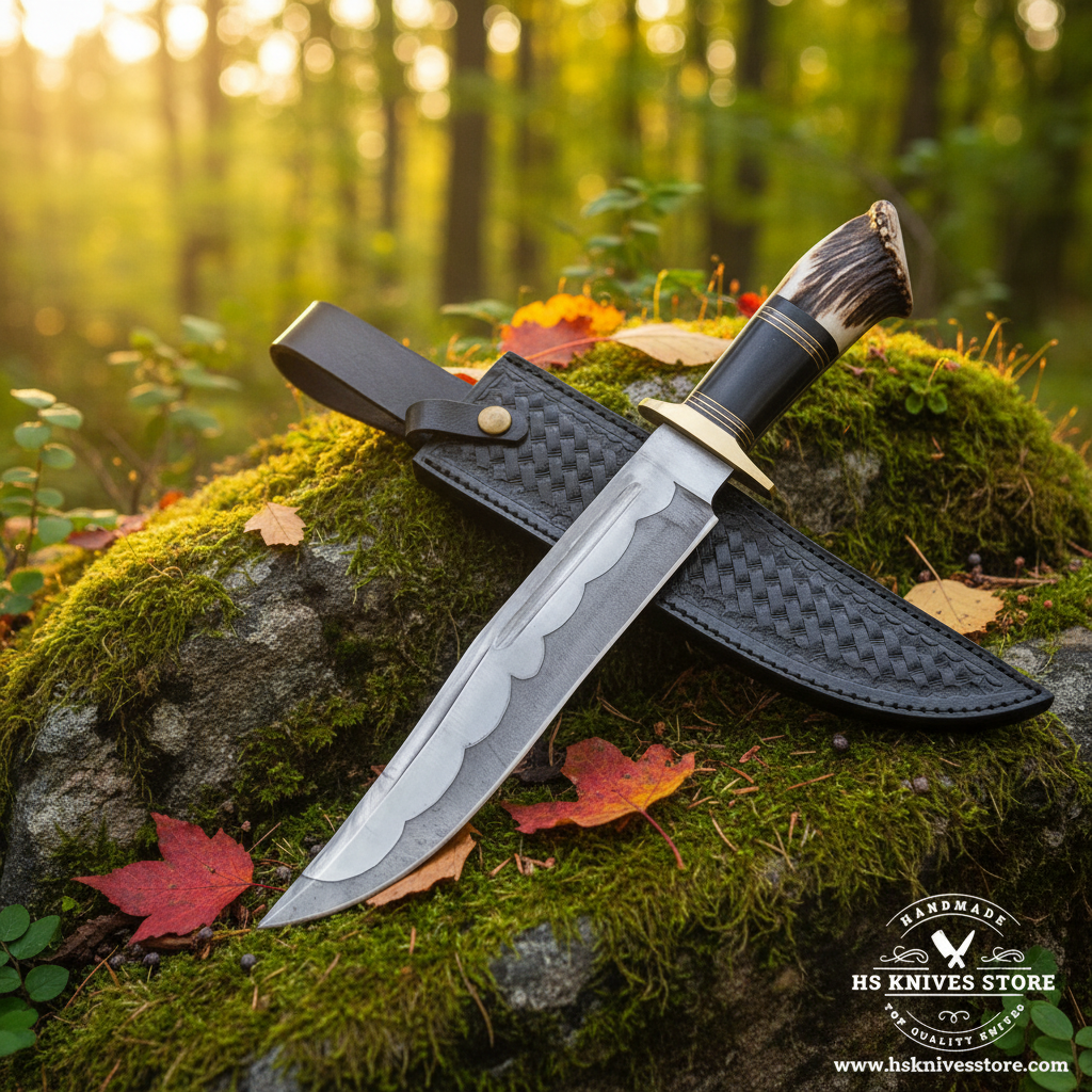 Hand forged Bowie knife with elk antler handle and black leather sheath on mossy rocks in forest setting