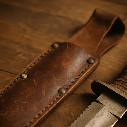 Brown leather sheath 1095 hunting knife hand-stitched rivets belt loop close-up
