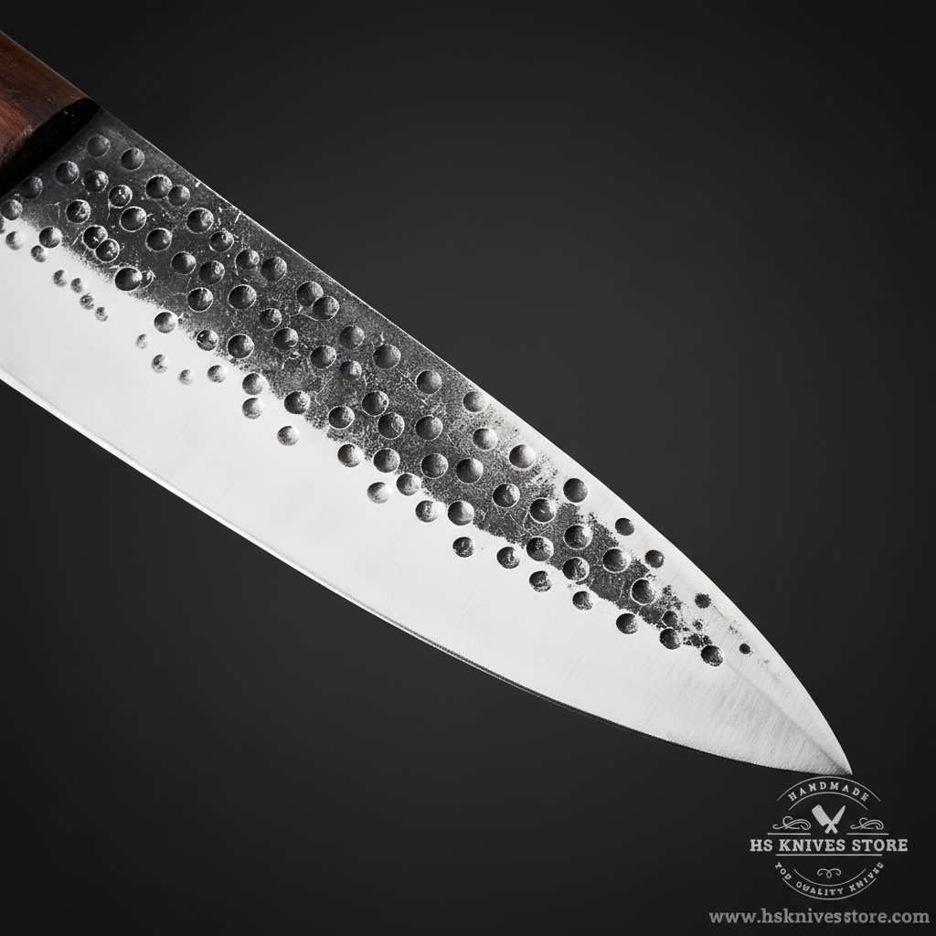 Close-up of carbon steel chef knife blade showing hand-hammered dimple honeycomb dot texture and dark hammered spine macro detail