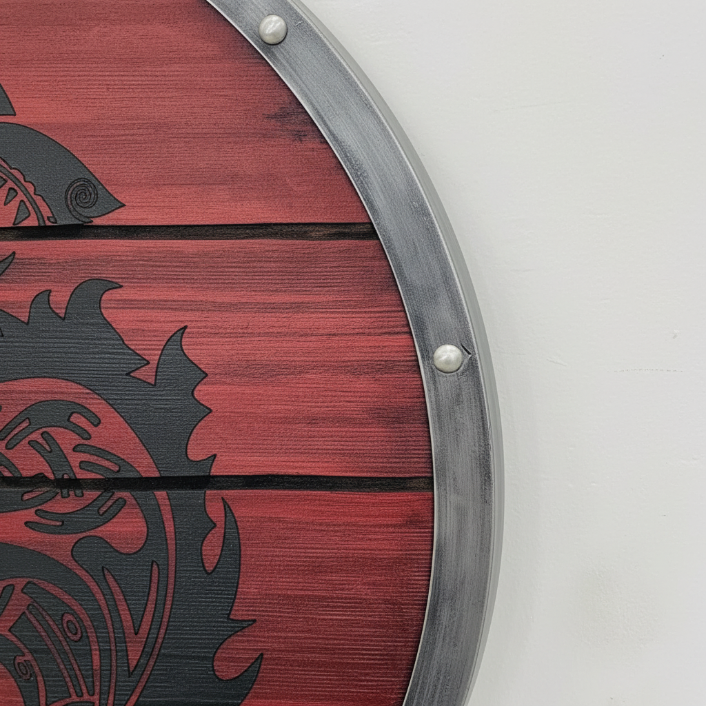 Close-up of silver rim, decorative rivets, red wood planks, and dark Norse artwork on a Viking shield