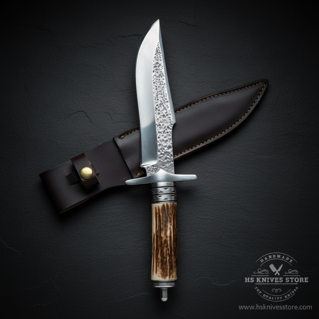 Vertical luxury shot of stag antler handle Bowie knife on dark slate background with dark black leather sheath