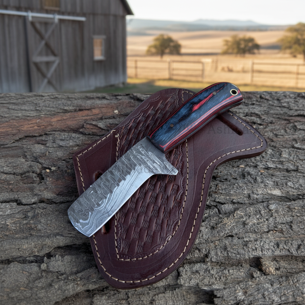Damascus steel cowboy knife with Pakka wood handle near a rustic western ranch barn