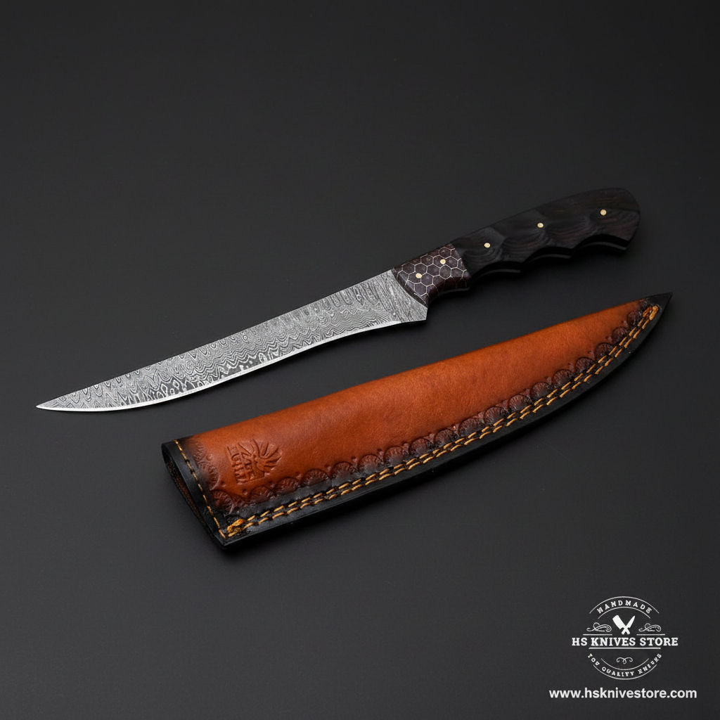 Damascus fillet knife with ebony honeycomb handle and two-tone leather sheath mirror view on dark charcoal background