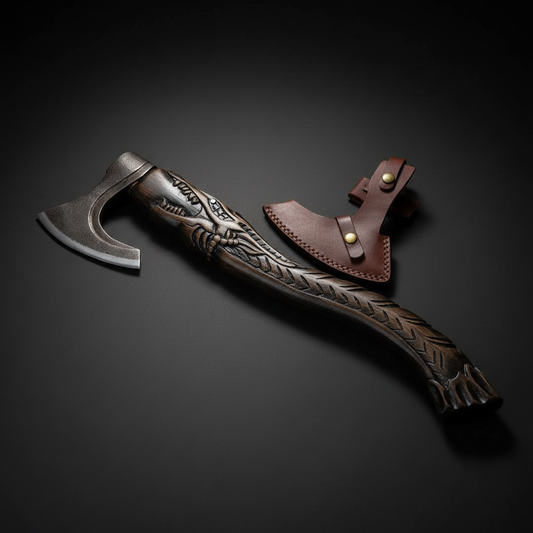 Viking bearded axe studio shot right facing dark charcoal background with leather sheath