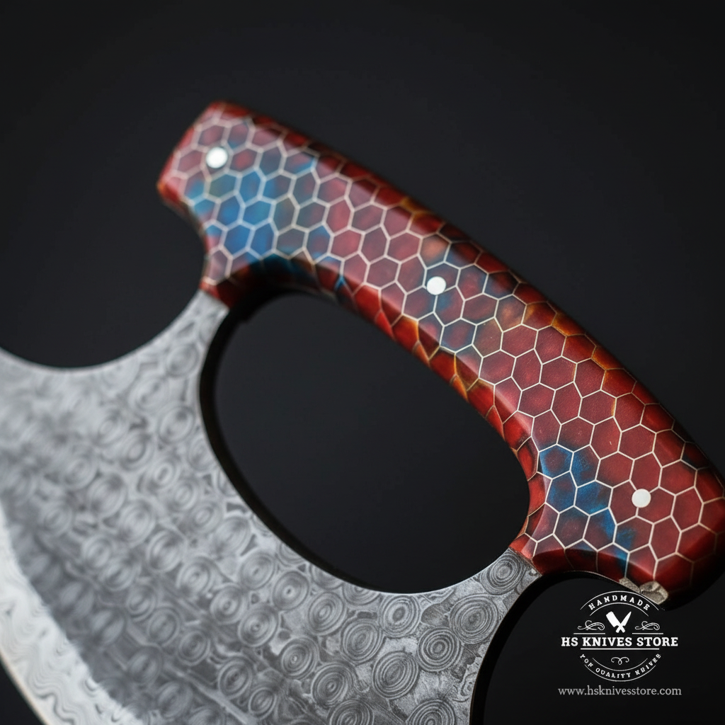 Macro view of red blue honeycomb resin handle with hexagonal cell pattern and open thumb loop on Damascus ulu knife