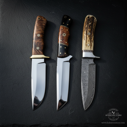 Vertical luxury shot of 3-piece hunting knife gift set on dark slate background premium collector display