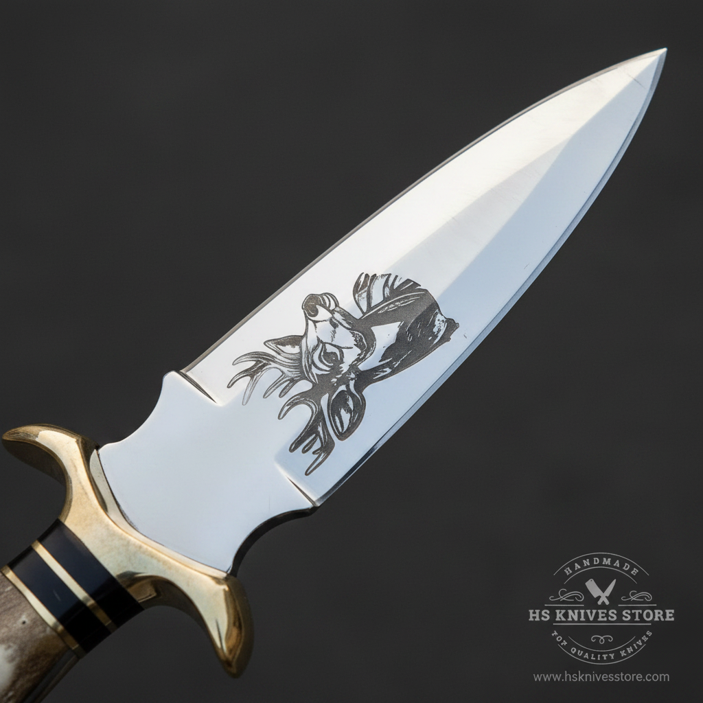 Close-up macro of D2 steel double-edged dagger blade showing polished mirror finish and hand-etched deer stag head detail