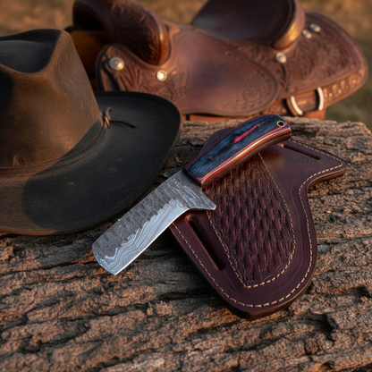 Handmade Damascus cowboy knife with Pakka wood handle and leather sheath at a Texas ranch