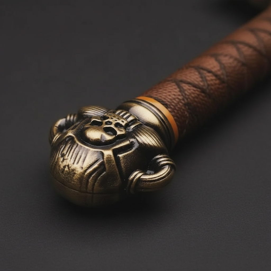Close-up macro of decorative skull pommel and brown braided leather handle with gold collar ring detail