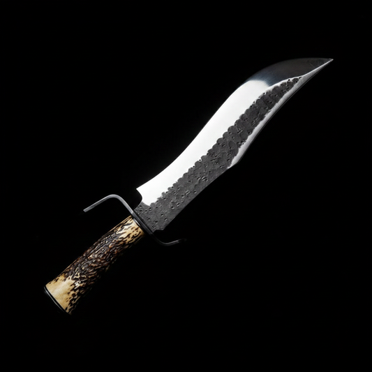 Handmade D2 steel Bowie knife with hammered spine and antler handle on black background dramatic studio lighting