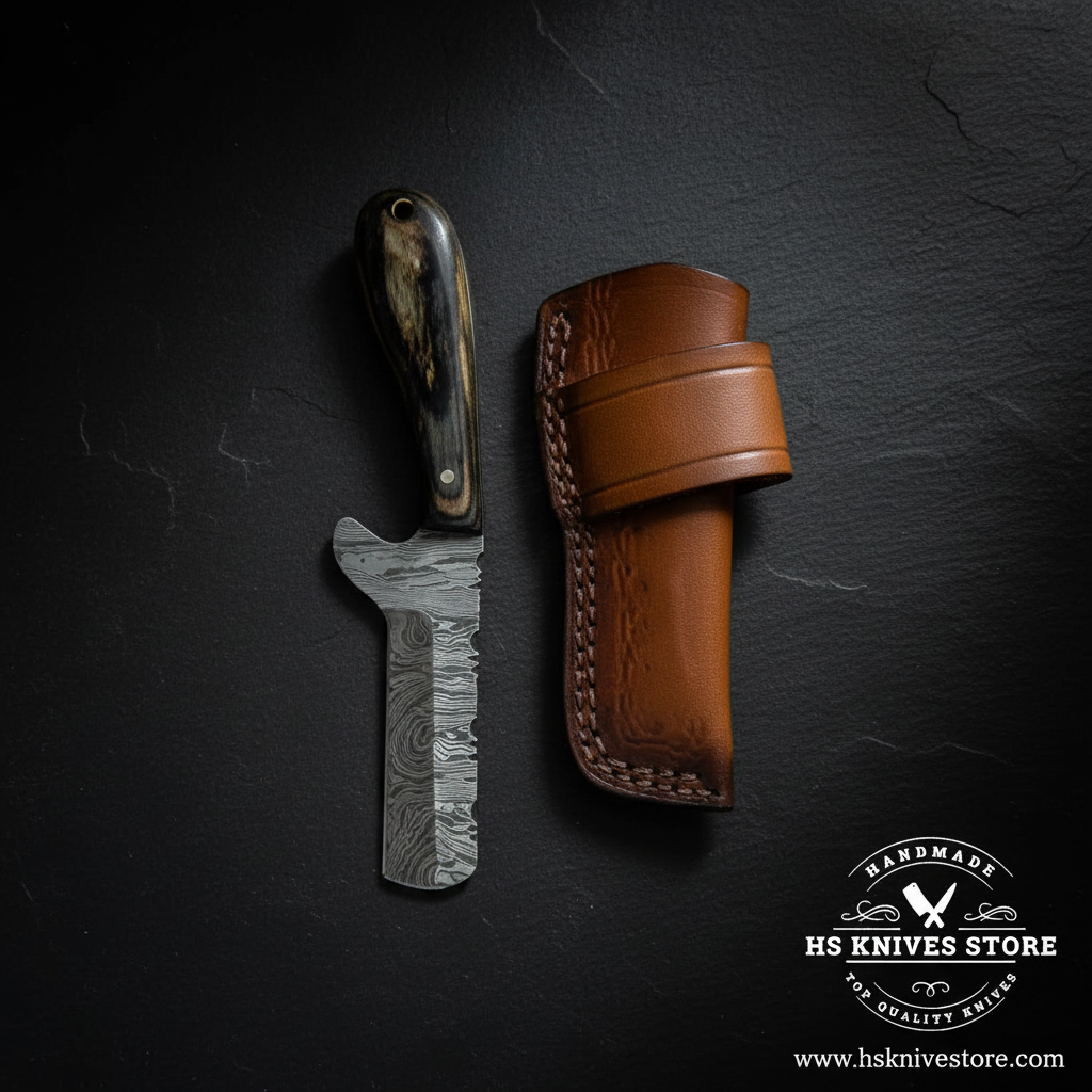Damascus bull cutter cowboy knife with pakkawood handle displayed vertically on dark slate luxury studio background