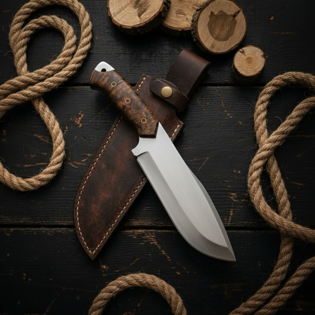 Handmade D2 steel Bowie knife stabilized burl wood handle black studio shot mirror left facing