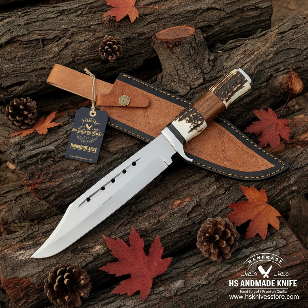D2 steel Bowie knife flat lay with stag horn wood handle and HS Knives Store hang tag on rustic wood with autumn leaves