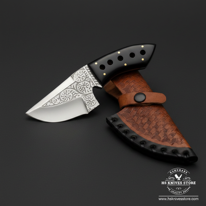 J2 steel skinner knife with black resin handle and basket weave leather sheath mirror view on dark charcoal background