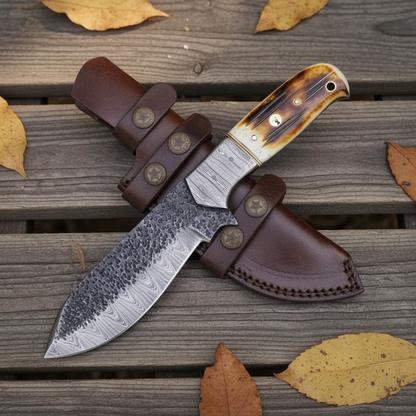 Handmade Damascus tracker knife flat lay on rustic wood with dark leather sheath and star brass conchos