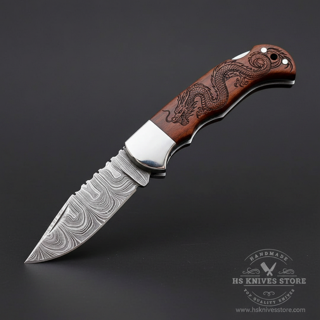 Damascus steel folding pocket knife open at 45 degree angle showing blade and dragon engraved rosewood handle simultaneously